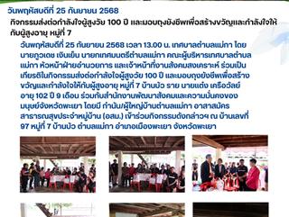 25.09.68 กิจกรรมส่งต่อกำลังใจผู้สูงวัย 100 ปี เเละมอบถุงยังชีพเพื่อสร้างขวัญเเละกำลังใจให้กับผู้สูงอายุ หมู่ที่ 7 บ้านบัว ราย นายเเต๋ง เครือวัลย์ อายุ 102 ปี 9 เดือน ร่วมกับสำนักงานพัฒนาสังคมเเละความมั่นคงของมนุษย์จังหวัดพะเยา